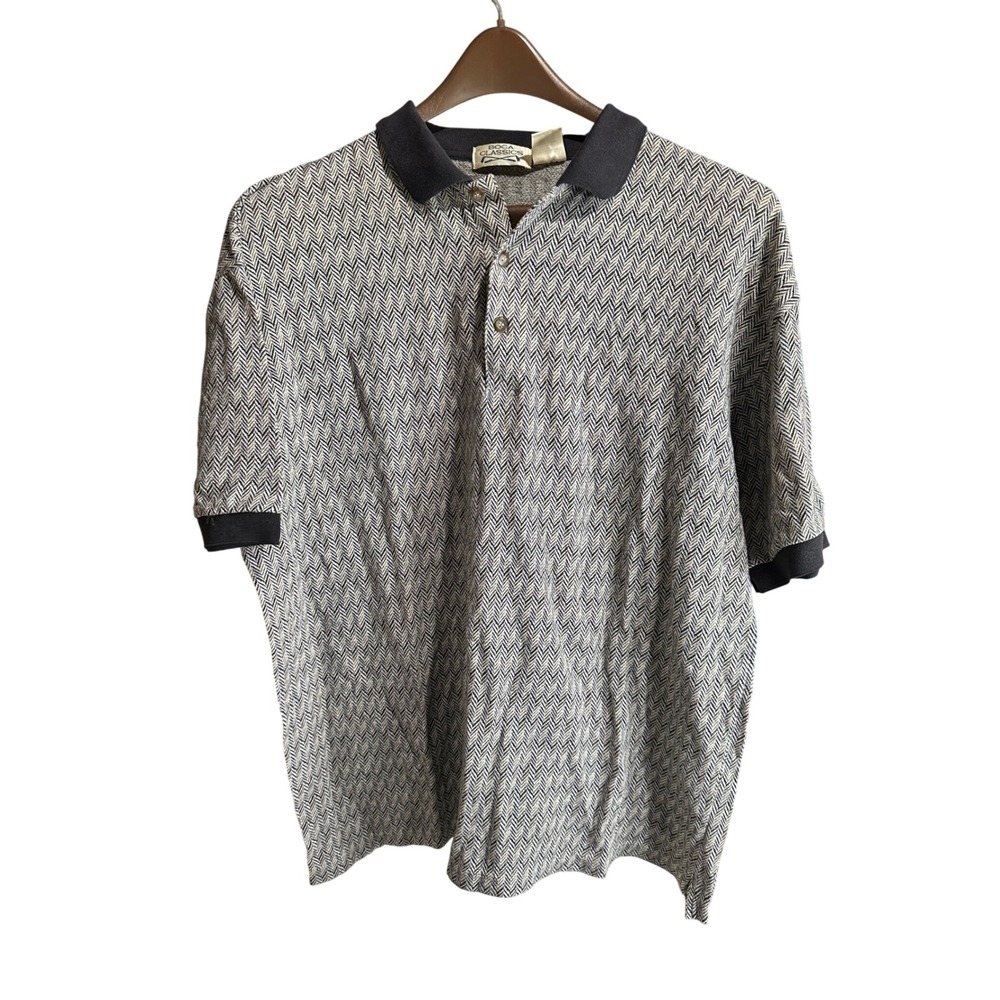 Boca Classics Mens Geometric Print‎ Short Sleeve Polo Shirt XL Gray Black